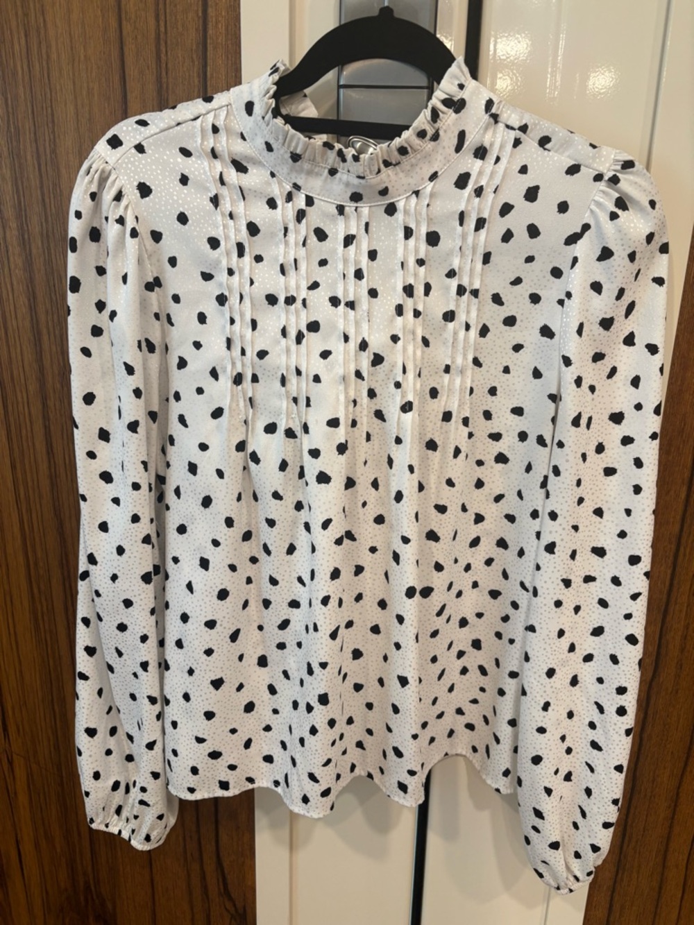 White Blouse with Black Spot Print and Pintuck Detail
